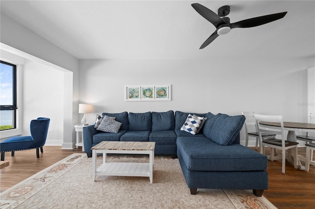 living room featuring ceiling fan and hardwood / wood-style flooring