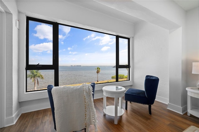 sitting room with dark wood-type flooring and a water view