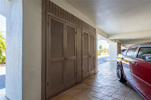 garage with a porch