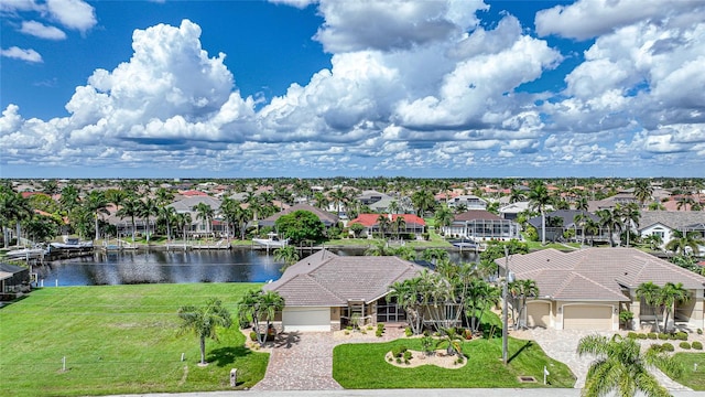 drone / aerial view featuring a water view