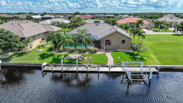 aerial view featuring a water view