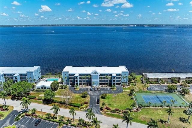 drone / aerial view with a water view