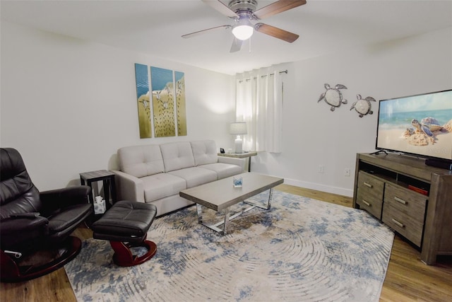 living room with ceiling fan and light wood-type flooring