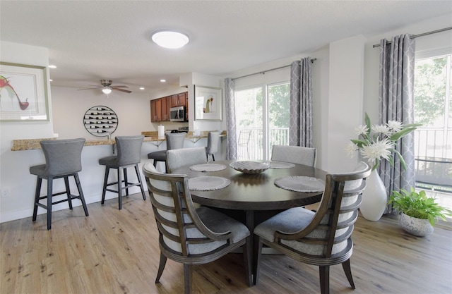 dining space with light hardwood / wood-style floors and ceiling fan