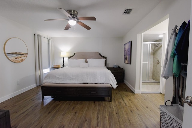 bedroom featuring connected bathroom, ceiling fan, and hardwood / wood-style flooring