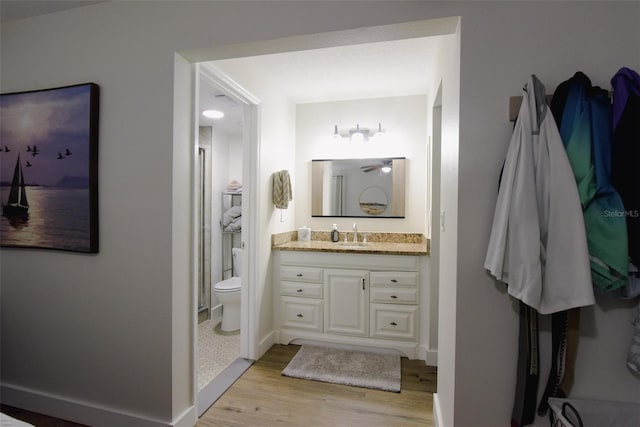 bathroom featuring vanity, toilet, and wood-type flooring