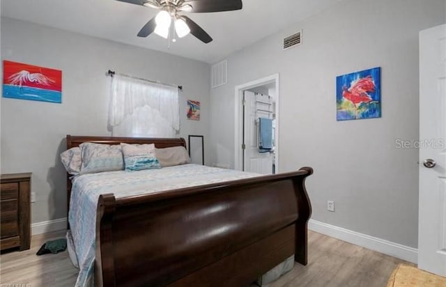 bedroom with light hardwood / wood-style flooring and ceiling fan