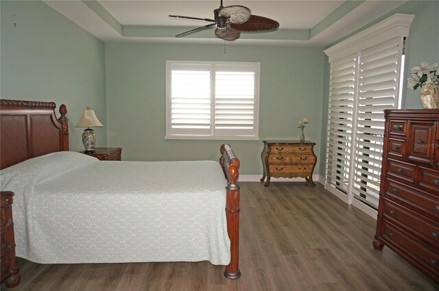 bedroom with ceiling fan, dark wood-type flooring, and a tray ceiling