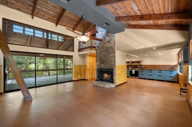 unfurnished living room with high vaulted ceiling, a stone fireplace, wooden ceiling, visible vents, and beam ceiling