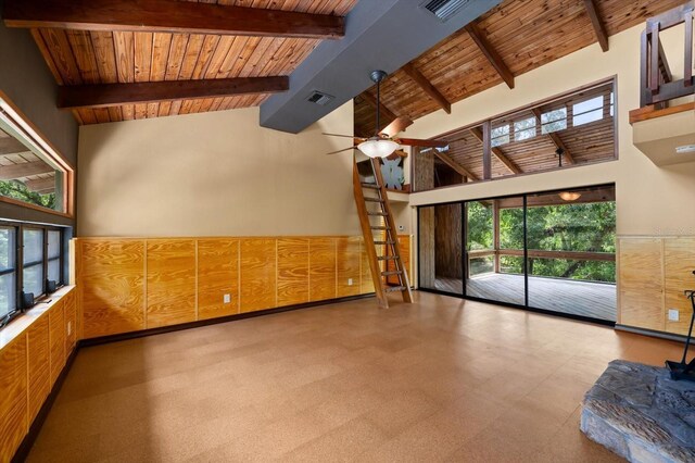 unfurnished room with visible vents, high vaulted ceiling, wooden ceiling, beamed ceiling, and tile patterned floors