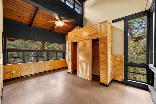 unfurnished sunroom featuring lofted ceiling with beams, wooden ceiling, and a ceiling fan