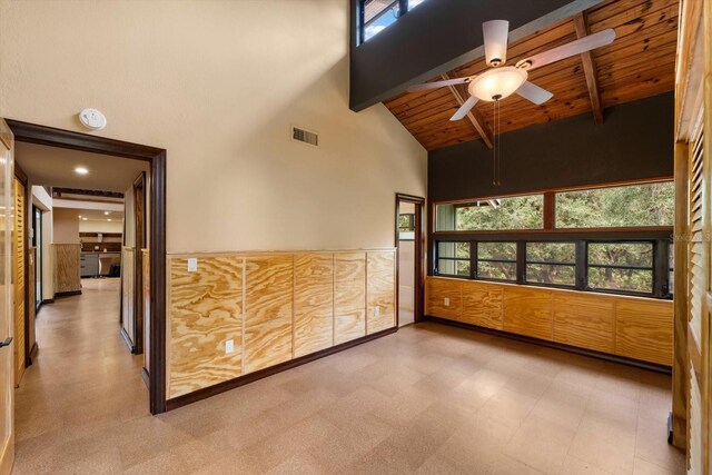 spare room with high vaulted ceiling, wood ceiling, visible vents, beam ceiling, and tile patterned floors