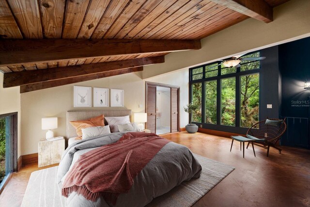 bedroom with vaulted ceiling with beams and wood ceiling