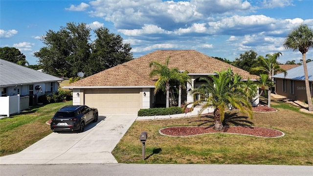 view of front of property featuring a front yard and a garage