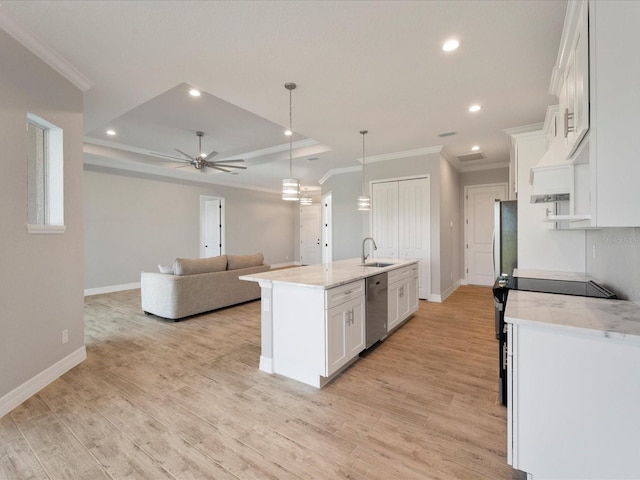 kitchen with light stone countertops, stainless steel dishwasher, an island with sink, white cabinets, and pendant lighting