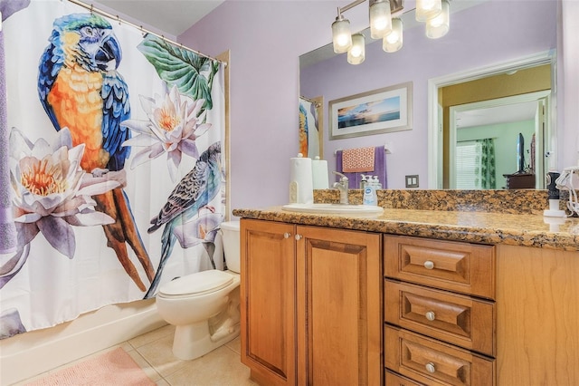 full bathroom with vanity, tile patterned flooring, toilet, and shower / bathtub combination with curtain