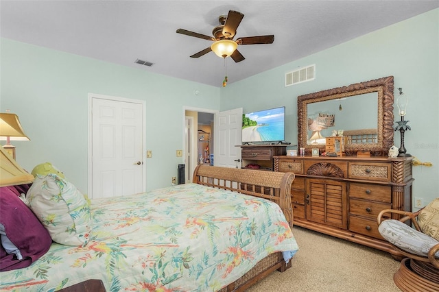 bedroom featuring ceiling fan and light colored carpet