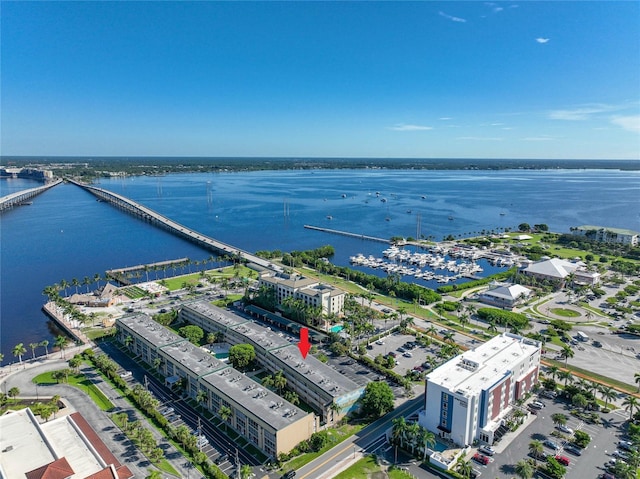 drone / aerial view featuring a water view