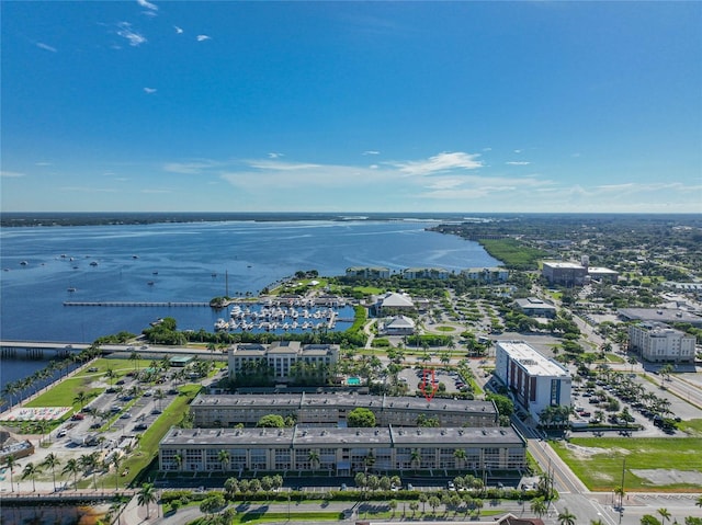 bird's eye view with a water view