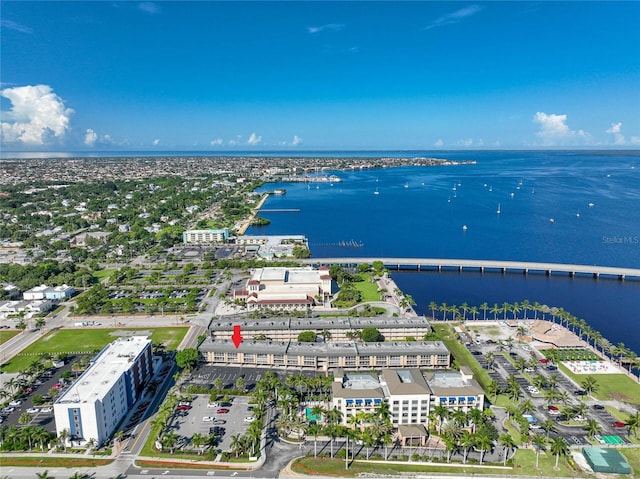 aerial view featuring a water view