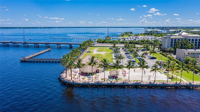 aerial view featuring a water view