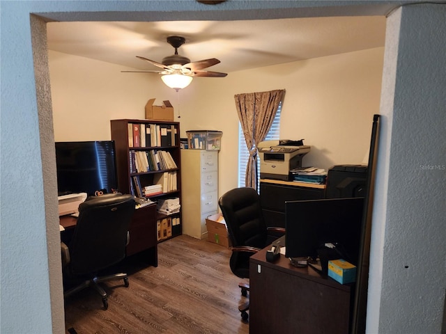 office featuring ceiling fan and hardwood / wood-style floors