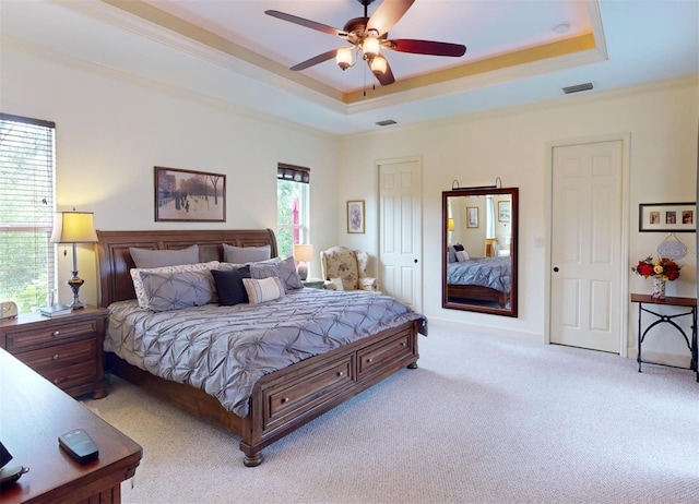 carpeted bedroom with ceiling fan, a raised ceiling, ornamental molding, and multiple windows