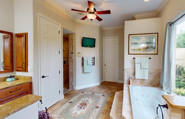 bathroom with tile patterned flooring, shower with separate bathtub, ceiling fan, and ornamental molding