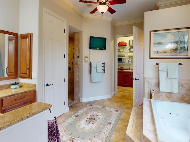 bathroom featuring ceiling fan, tile patterned flooring, crown molding, shower with separate bathtub, and vanity