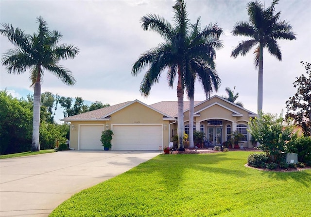 view of front of property with french doors, a garage, and a front lawn