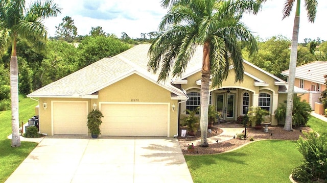 view of front facade featuring a garage, a front yard, and french doors