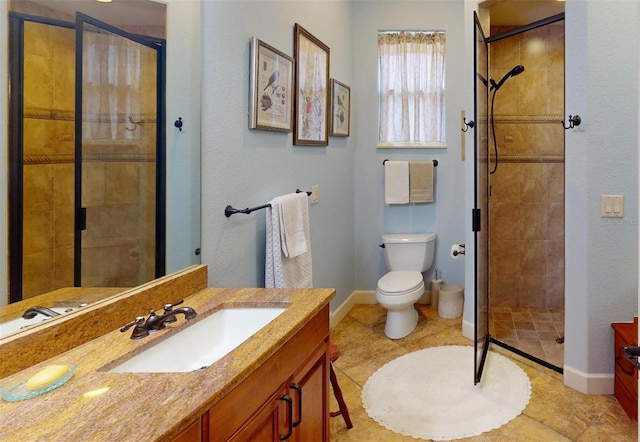 bathroom featuring tile patterned flooring, vanity, toilet, and walk in shower