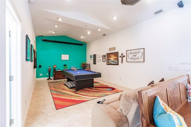 playroom with lofted ceiling and billiards