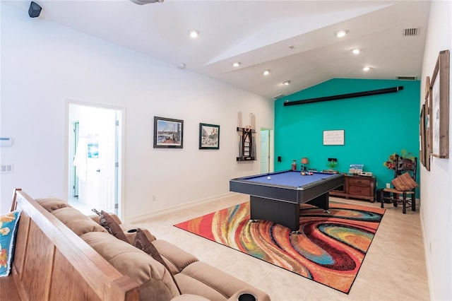 rec room with high vaulted ceiling and pool table