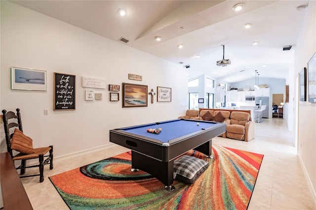 playroom with light tile patterned floors, vaulted ceiling, and pool table