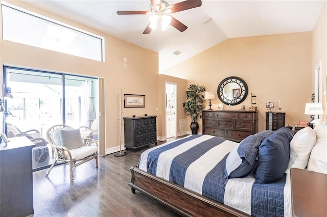 bedroom featuring ceiling fan, dark hardwood / wood-style flooring, and lofted ceiling