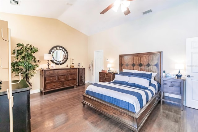 bedroom featuring vaulted ceiling, ceiling fan, and dark wood-type flooring