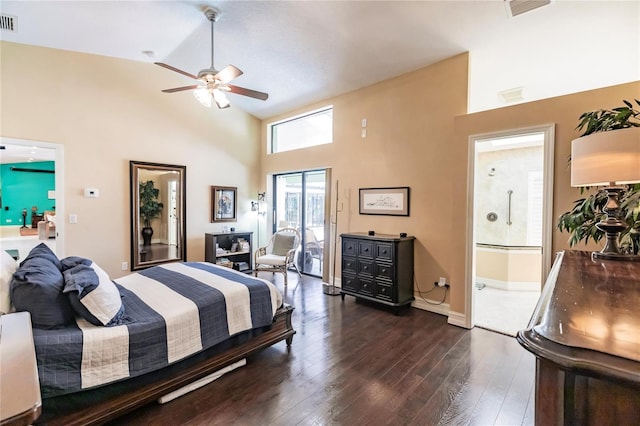 bedroom featuring access to outside, ensuite bathroom, vaulted ceiling, ceiling fan, and dark hardwood / wood-style flooring