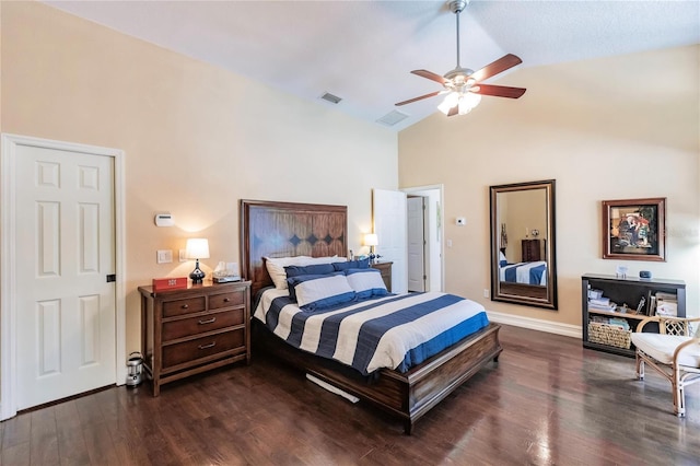 bedroom with dark hardwood / wood-style floors, ceiling fan, and lofted ceiling