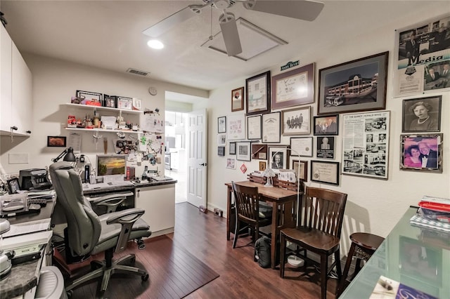 office space with ceiling fan and dark hardwood / wood-style flooring