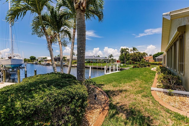 view of yard with a water view and a dock