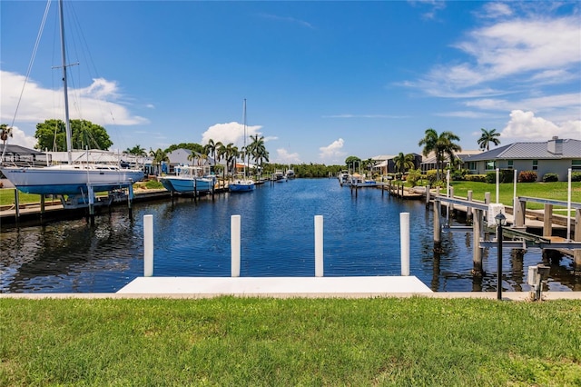 view of dock featuring a water view and a lawn