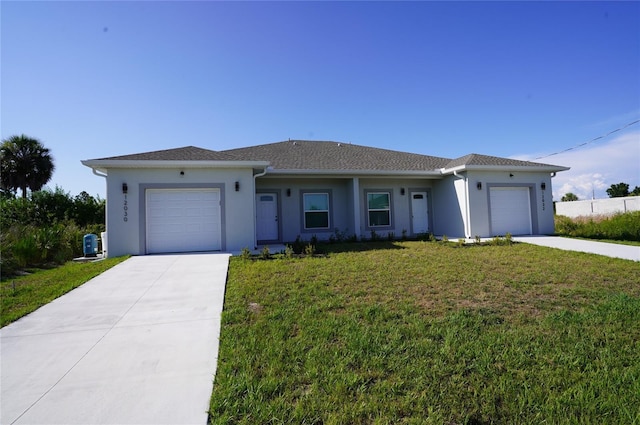 single story home featuring a front yard and a garage