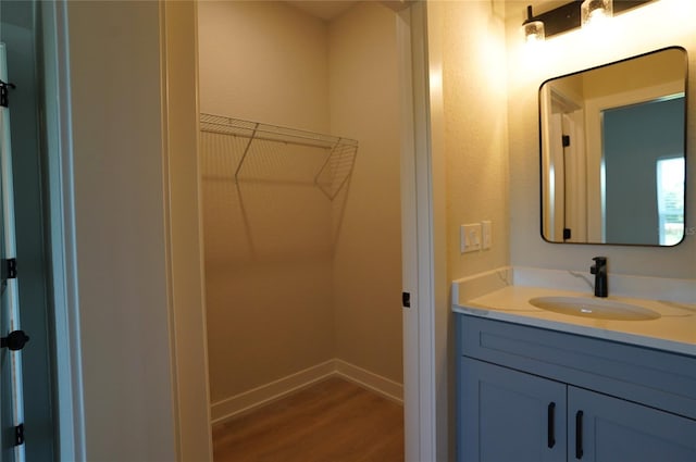 bathroom with wood-type flooring and vanity