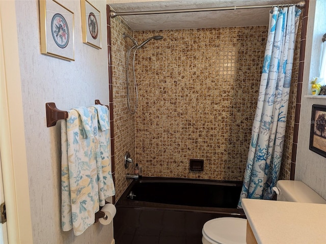 full bathroom featuring shower / bath combination with curtain, toilet, and vanity