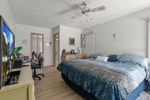 bedroom with ceiling fan, a closet, and light hardwood / wood-style flooring