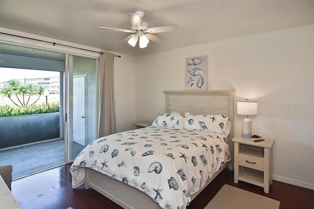 bedroom with access to outside, ceiling fan, and dark hardwood / wood-style floors