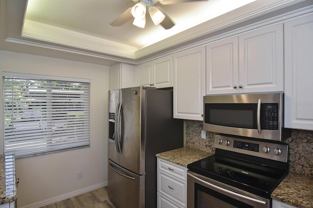 kitchen with decorative backsplash, white cabinetry, stainless steel appliances, and a tray ceiling