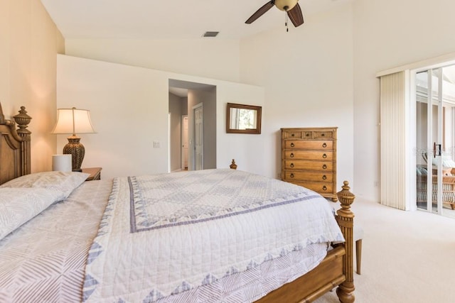 bedroom with carpet flooring, ceiling fan, lofted ceiling, and access to outside