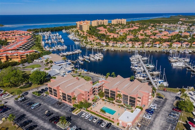 bird's eye view with a water view